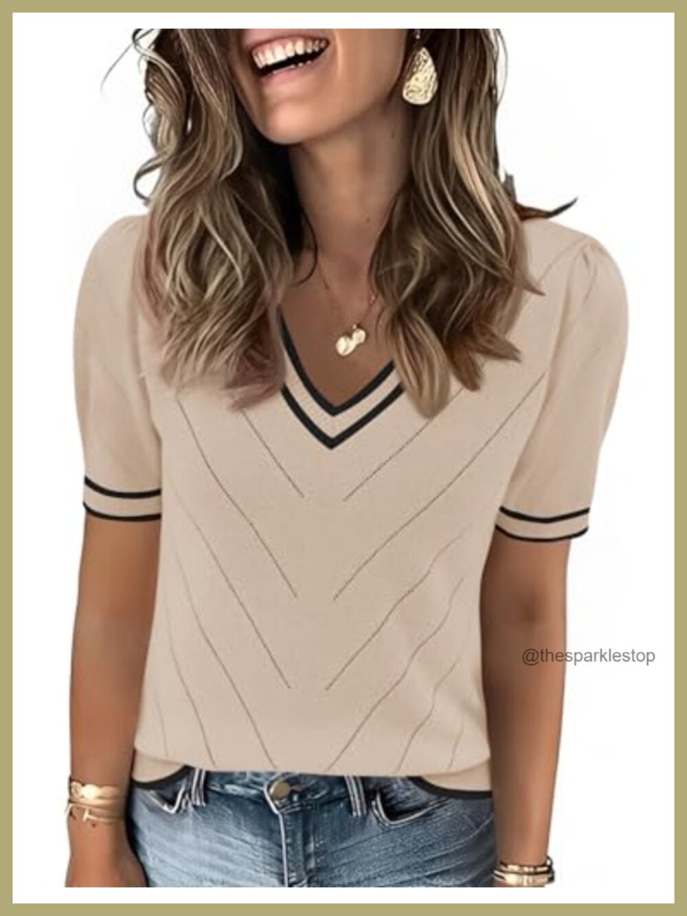 Women's Puff Short Sleeve V-Neck Lightweight Knit Sweater Top
